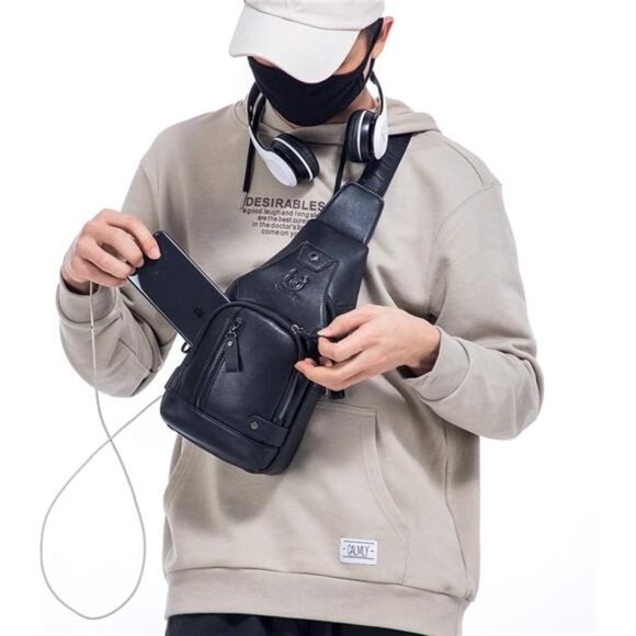 Genuine Leather Sling Bag with USB Charging Port Multi-pocket Chest Bag for Men - Picture 5 of 7